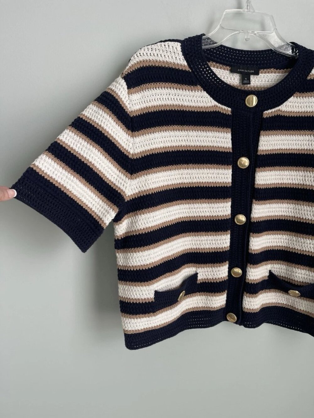 Ann Taylor Navy Cream Striped 100% Cotton Short Sleeve Cardigan Sweater - Picture 4 of 6
